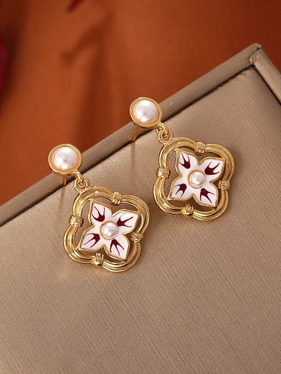 2 piezas Pendientes de gota de estilo de pintura al óleo vintage con forma de rombo, pendientes elegantes de alta moda de estilo retro francés para mujeres - Dorado - Ver 1