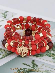 Set Gelang Manik-Manik Merah 4pcs/Set, Manik-Manik Campuran Minimalis dengan Liontin Hati Emas & Pohon Kehidupan, Aksesori Pergelangan Tangan Wanita - Merah - View 13