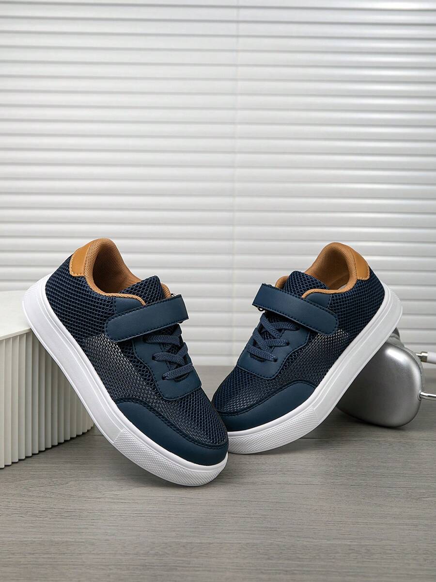 Boys/Girls Blue Mesh Splice Casual Shoes, Hook And Loop Easy On/Off Flat Sports Sneakers, Suitable For School, Daily Casual, Summer Outdoor, Versatile Skateboard/Running Shoes