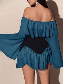 Vestido mini de manga larga con volantes y mangas acampanadas, de talla grande, elegante, romántico y sexy, con parches en blanco y negro, de gasa fluida y con hombros descubiertos, para primavera/otoño - Multicolor 6 - Ver 2