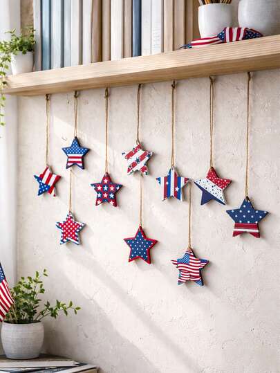10PCS Independence Day Patriotic Star Hanging Ornaments 4th Of July Tree Decorations Memorial Day Party Supplies Red White And Blue USA Liberty Freedom Hanging Signs For Living Room Kitchen Porch Garden Backdrop American Flag