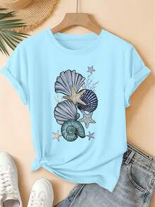 Vintage Ocean And Starfish Print Short Sleeve T-Shirt, Forest Style Loose Top, Spring/Summer 2026 Elegant Party Fashion, Women's Versatile Clothing, Loose Fit Retro T-Shirt - 白色 - 查看 11