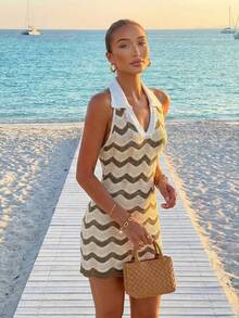 Women's Summer Fashion Beach Vacation New Colorblock Serrated Pattern V-Neck Fitted Knit Dress - Multicolor - View 5