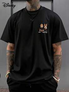 Disney Officially Licensed Item, Featuring A Cool Mickey And Minnie Design, This Short-Sleeve Cartoon Character Print Top Is A Comfortable Black Casual Shirt For Men, Perfect For Summer With Its Loose, Breathable Round Neck T-Shirt Style - 黑色 - 查看 2