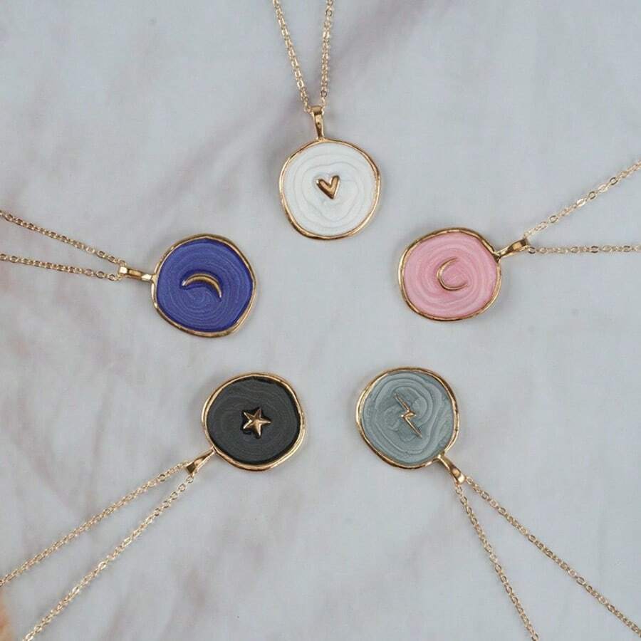 1 pieza Collar con colgante de aleación con elementos geométricos de gota de aceite, corazón, luna, rayo y estrella, collar de clavícula para mujer - Luna rosa - Ver 1