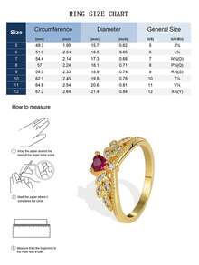 Charm-In Anillo de cobre chapado en oro de 18K con corazón de rubí y circonita cúbica para mujeres, diseño de hoja con acentos claros, joyería elegante y romántica para uso diario y nupcial - Dorado - Ver 3
