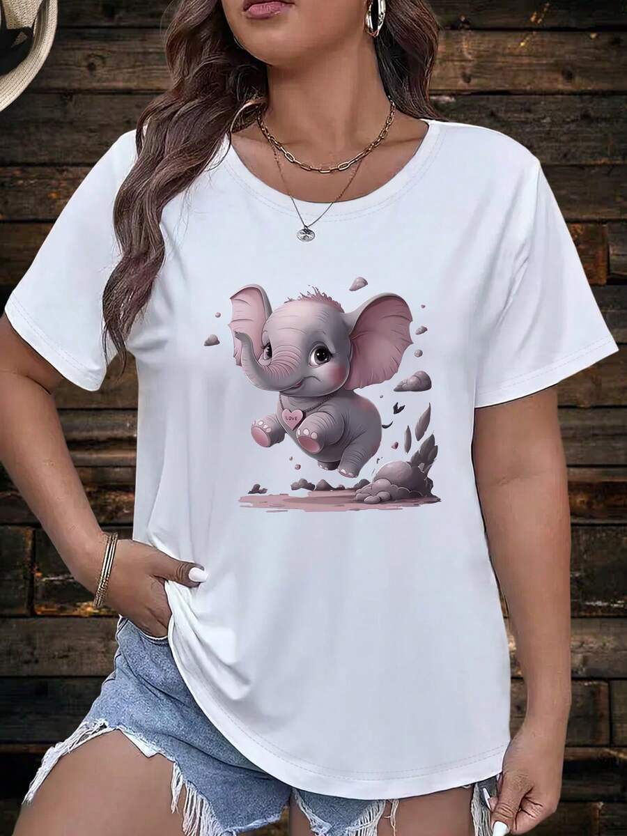 Camiseta casual de tamaño mayor de las mujeres con impresión de elefante lindo, cuello redondo, manga corta, tela elástica, uste de confort de toda la tempor, desgaste casual