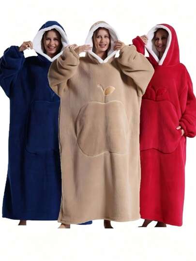 Áo hoodie cỡ lớn kiêm chăn mặc được, chăn có mũ rộng rãi dành cho nữ, cực mềm mại, ấm áp và thoải mái, thiết kế túi trước, unisex, thiết kế túi lớn, lựa chọn thoải mái tại nhà, đồ mặc nhà thoải mái màu nâu/xanh navy/đỏ
