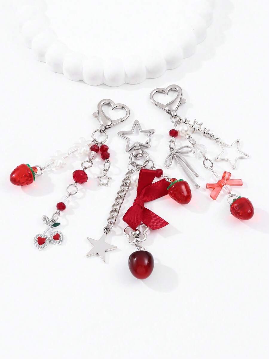 1pc Y2K Sweet & Cute Red Bow Keychain With Faux Pearl, Strawberry Beaded Resin Chain, Fashionable Versatile Phone Charm & Car Key Chain - Multicolor - View 1