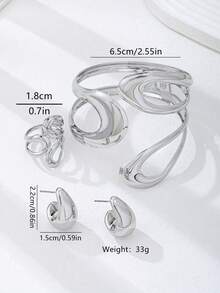 Set de 4 piezas de joyería de moda con anillo, pulsera y aretes con forma de gota de agua geométrica hueca de metal para mujeres - Plateado - Ver 4