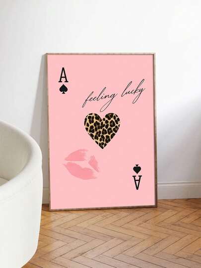 1pc Unframed Canvas Art Piece Featuring A Lucky Theme, Showcasing A Leopard Heart Design. This Pink Elegant Wall Decoration Includes Kiss Mark Prints . It'S A Modern Decor Item Perfect For Home Bedroom Decoration