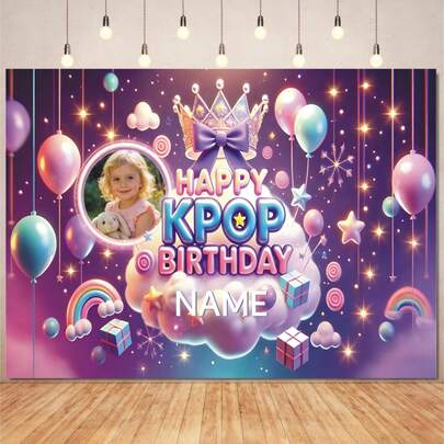 Phông nền chủ đề thần tượng K-POP sành điệu, có thể tùy chỉnh tên ảnh, trang trí vương miện lấp lánh màu tím và ánh sao, phù hợp cho tiệc sinh nhật K-POP, sự kiện sân khấu, chụp ảnh, làm từ chất liệu vinyl.