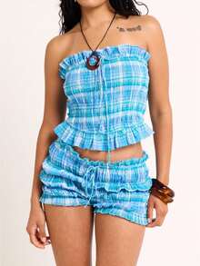 Women's Blue Plaid Gingham 2 Piece Outfit Strapless Smocked Ruffle Tube Top  Ruched Drawstring Shorts Set Summer Casual Beach Vacation Y2K Going Out Matching Set - Blue - View 1