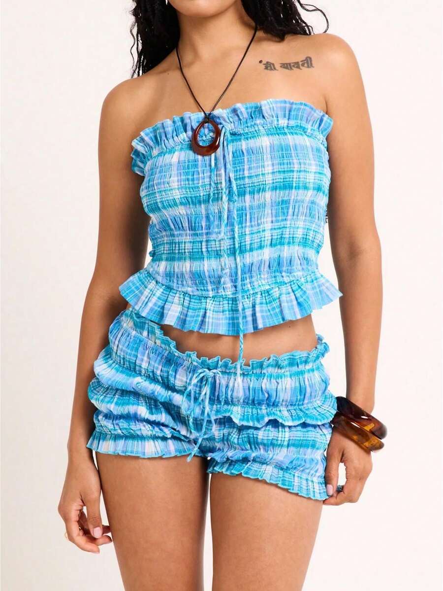 Women's Blue Plaid Gingham 2 Piece Outfit Strapless Smocked Ruffle Tube Top Ruched Drawstring Shorts Set Summer Casual Beach Vacation Y2K Going Out Matching Set - Blue - View 1