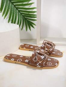 Women's Floral Print Slide Sandals, Metal Buckle Decor Flat Slippers, Casual Open Toe Beach Vacation Sandals, Fashion D-Ring Flat Slides, Suitable For Indoor/Outdoor Wear, Summer Beach Embroidery Slippers - Brown - View 2