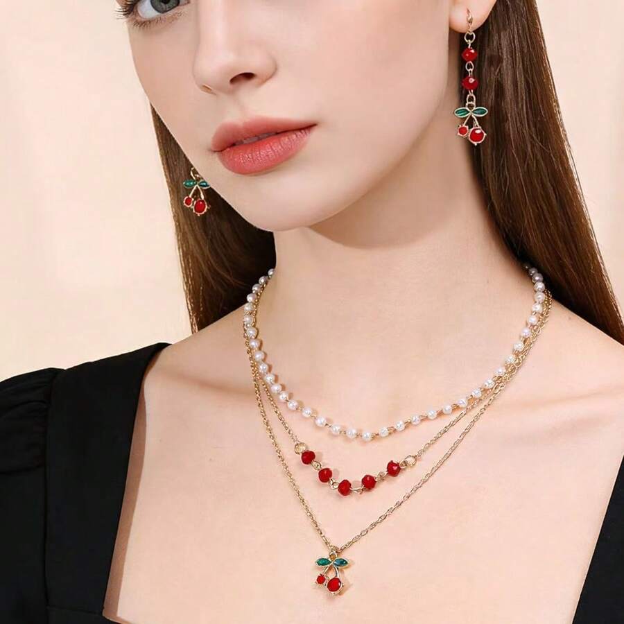 Bộ trang sức gồm 1 dây chuyền mặt hình quả anh đào tối giản dễ thương và 1 đôi bông tai hình quả anh đào dành cho nữ. - Vàng - Xem 1