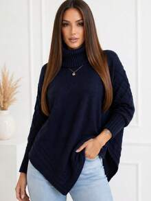 Women's Knitted Blouse With High Neck, Poncho Style, Comfortable And Modern, For Cold Weather. - Navy Blue - View 1