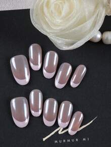 10pcs Pink French Style Minimalist Mirror Surface False Nails, Short Length For Office & Daily Wear, Artificial Nail Set Includes 1 Adhesive Sticker & 1 Mini Nail File - Multicolor - View 2