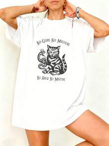 Camiseta Blanca con Gato y Serpiente No Gods No Masters para Mujer Estilo Casual - Blanco - Ver 1