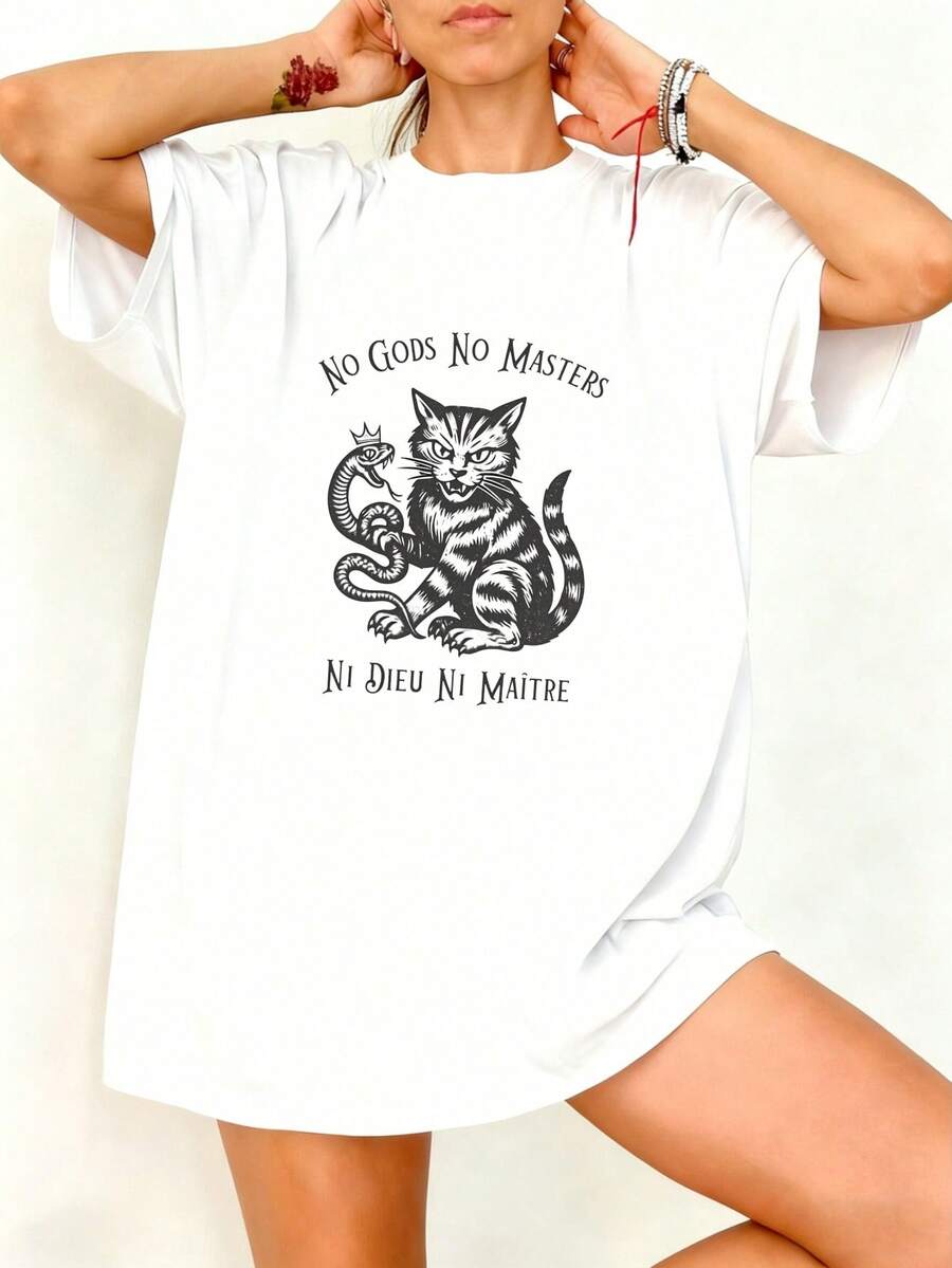 Camiseta Blanca con Gato y Serpiente No Gods No Masters para Mujer Estilo Casual - Blanco - Ver 1