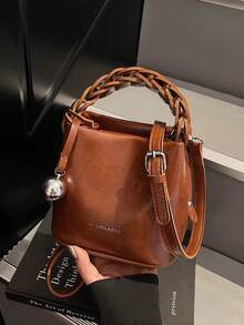 Bolso cuadrado portátil de material de PU impermeable con diseño de patrón de letras, decoración con colgante de metal, bolso elegante portátil preparado, bolso de negocios y viajes, adecuad - Albaricoque - Ver 7