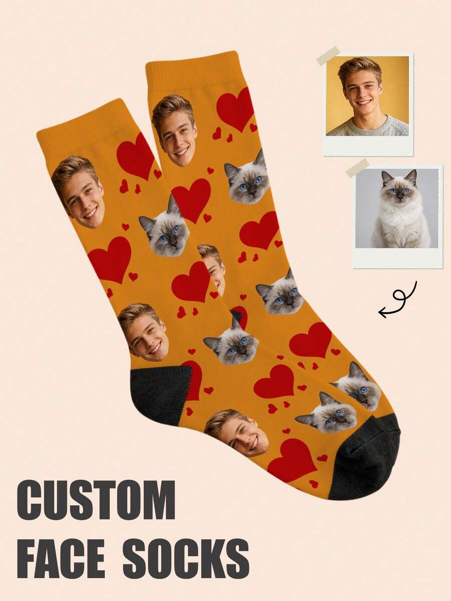 1 Pair Customized Mid-Calf Socks, Bow Tie Pattern, Customized Face Pattern Socks, Couple Socks, Customized Photo Socks, Customized Printed Socks, Personalized Fun Face Pattern Socks, Customized Image Socks, Can Print Any Face Shape On Socks, Anniversary Gift, Valentine's Day Gift, Birthday Gift, Wedding Gift, Mother's Day Gift, Father's Day Gift, Gift For Best Friend, Gift For Parents, Gift For Girlfriend/Boyfriend - Orange - View 1