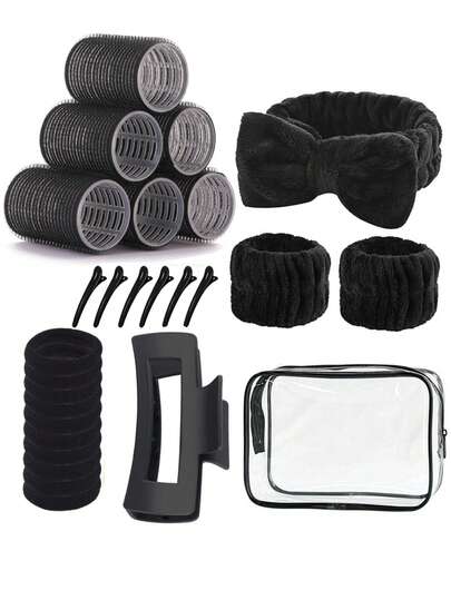 27 Pcs Skincare Headband Set, 3pcsFace Washing Headband With Wristbands, 1pc Hair Claw Clips & 10pcsHair Ties, 6Pcs Rollers Hair Curlers For Long Medium Short Hairr And 6pcs Hair Clips And1pc Makeup Bag