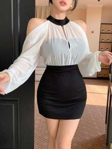 Vestido de verano de manga larga, ajustado, con cuello alto y hombros descubiertos de unicolor, ropa de otoño para damas - Blanco y Negro - Ver 7