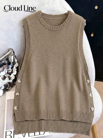 Áo vest dệt kim không tay cỡ lớn dành cho nữ, cài cúc bên hông, dáng rộng, dài đến giữa bắp chân, thích hợp mặc nhiều lớp vào mùa xuân.