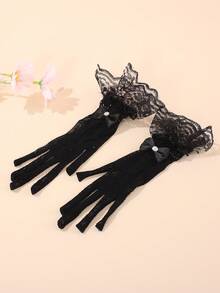 1 Pair Black Lace Gloves Suitable For Teenage Girls, Elegant Sheer Mesh Gloves With Bow Tie, Multiple Styles Suitable For Weddings, Parties, Halloween And Vintage Outfits - Black - View 7