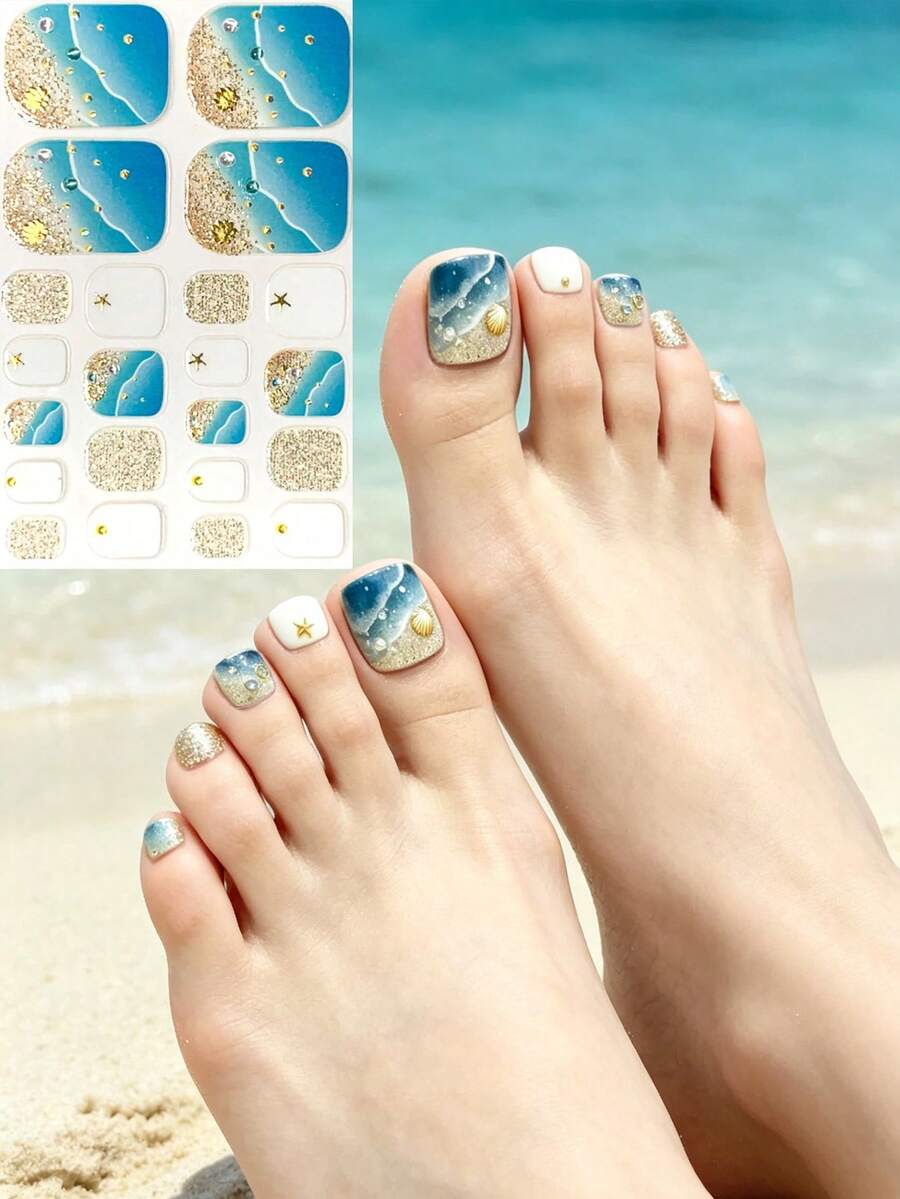 夏季新款3D钻石蓝波浪主题全甲贴纸,沙滩贝壳海星美甲贴花 - 彩色 - 查看 1