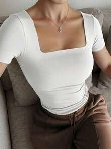 Blusa de manga corta con cuello cuadrado, elegante y versátil, adecuada para uso diario, ir al trabajo y salir, primavera y verano - Blanco - Ver 4