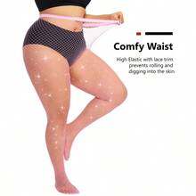 Plus Size Fishnet Tights Rhinestone Sparkly Mesh Stockings High Waist Glitter Pantyhose Shinny Hosiery Medium Mesh - 粉色 - 查看 3