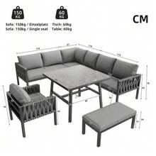 Garden Furniture Set, Rope Garden Furniture Set With Galvanized Iron Frame, Adjustable Legs, Corner Sofa, Tempered Glass Tabletop, Including All Seat And Back Cushions, Grey - Grey - View 2