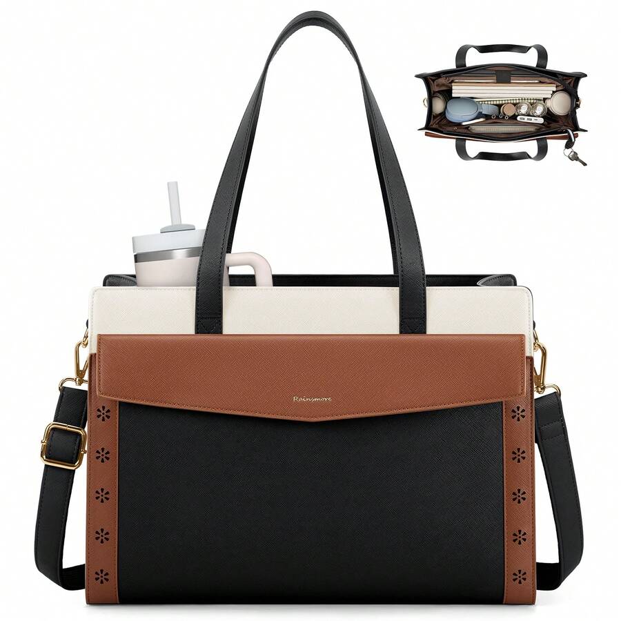 NEWHEY 15.6 Inch Laptop Bag For Women, Waterproof Leather Computer Tote, Large Capacity Professional Briefcase Work Handbag, Stylish Office & Teacher Purse With Adjustable Shoulder Strap - 黑棕白 - 查看 1