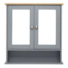 2 Mirror Door 1 Storage Layer MDF Spray Paint Bathroom Wall Cabinet Gray - As Pic - View 5