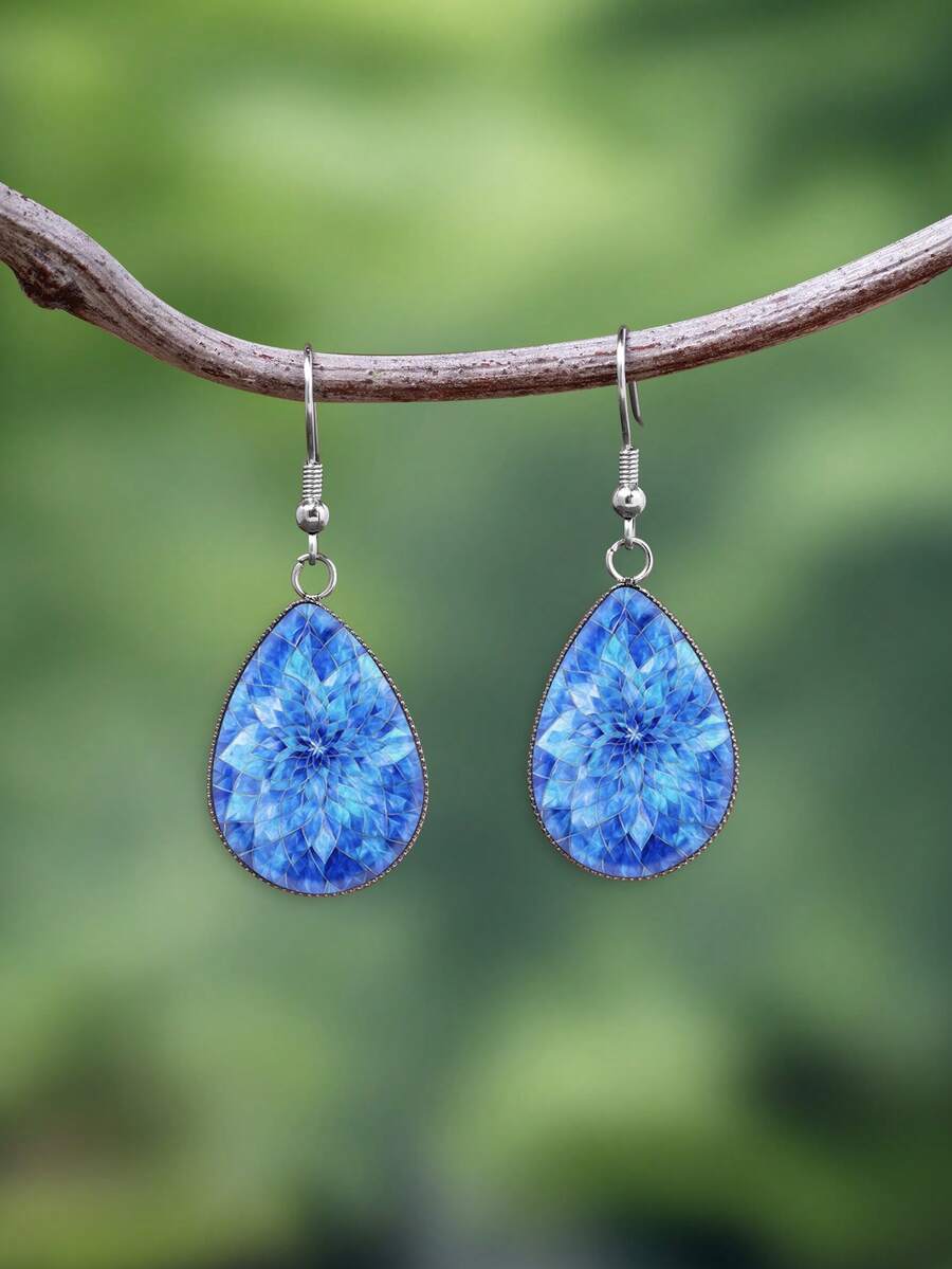 1 Paar marineblau Mandala Blumen Muster mit 316 Edelstahl Tropfen Ohrringe, Vintage minimalistischer Stil geeignet für den täglichen Gebrauch von Frauen und als Geschenk, elegante minimalistische Schmuckohrringe geeignet für den täglichen und Feiertagsgebrauch von Frauen - Blau - Übersicht 1