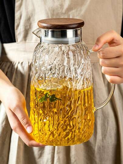 1pc Tree Bark Texture Cold Water Pitcher, 1.8L Large Capacity, Walnut Wood Lid, High Borosilicate Glass Teapot, Heat Resistant