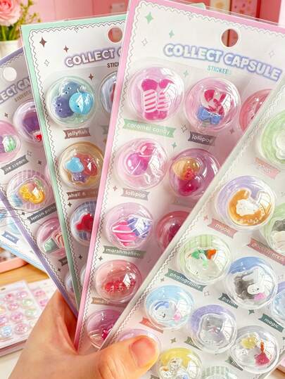 6pcs/Set Kawaii Capsule 3D Stickers - Collect Capsule Series Featuring Cartoon Creatures, Perfect For Journaling, Phone Case Decoration, And Gift Wrapping