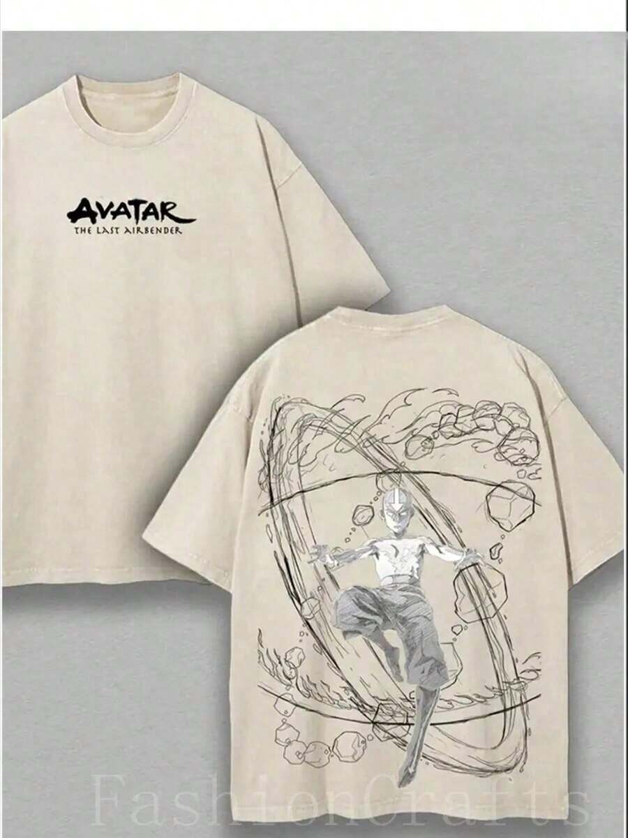 Y2K Style, Directional Printing, Cotton-Shirt - Soft, Breathable,% Cotton FabricWinter Clothes Women Graphic Tees Men Retro Vintage Limited Aang - Last Nomad - Anime Double Printed Washed Tee Unisex Oversize Anime Manga Washed Lightweight Cotton-Shirt, Anime Fan, Anime Lover Men Clothes HalloweenCasual Short-Sleeve-Shirts Men And Women - 杏色 - 查看 1