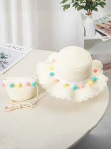 2pcs/Set Kids Straw Hat & Bag Set, Summer Children Sun Protection Hat, Baby Straw Hat And Straw Bag, Cute Wide Brim Woven Sun Hat, Suitable For Kids And Girls - White - View 10