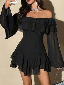 Vestido mini de manga larga con volantes y mangas acampanadas, de talla grande, elegante, romántico y sexy, con parches en blanco y negro, de gasa fluida y con hombros descubiertos, para primavera/otoño - Negro - Ver 3