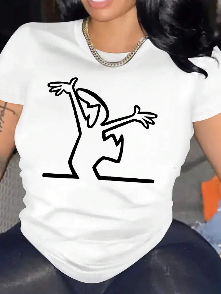 Camiseta Deportiva de Manga Corta con Cuello Redondo y Diseño Gráfico Divertido para Mujer - Blanco - Ver 1