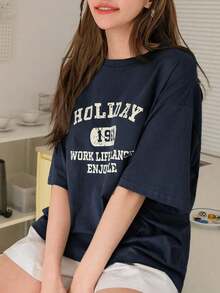 Camiseta de verano oversize con gráfico de letras y hombros caídos - Negro - Ver 11