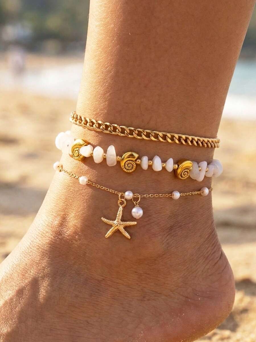 3pcs Fashionable Vacation Style Faux Pearl Chain Anklet Set With Starfish, Seashell & Pebble Decor - Multicolor - View 1
