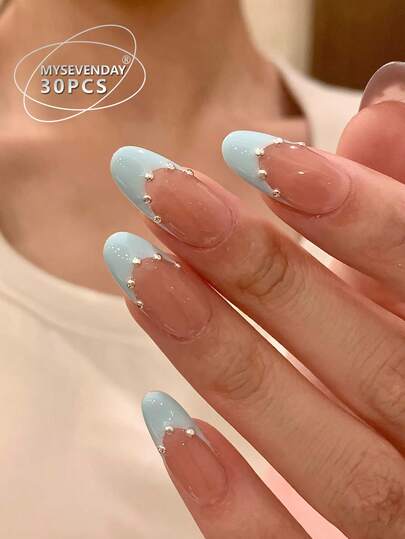 30 Móng giả dán kiểu Pháp màu hạnh nhân/hồng nude và xanh nhạt dịu dàng, có thể đeo được, mang đậm phong cách Hàn Quốc, tươi mới và tinh tế.