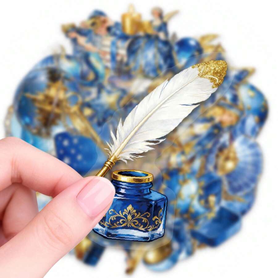 56张水彩蓝色爱心金色天使翅膀贴纸,适用于成人剪贴簿、笔记本电脑、水瓶、手机壳、日记本、DIY手工装饰贴纸、剪贴簿用品 - 1 Set - 查看 1