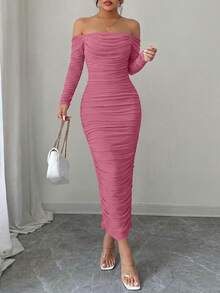 PRETTYGARDEN Womens  Fall Long Sleeve Maxi Dress Off Shoulder Mesh Ruched Bodycon  Long Wedding Guest Christmas New Years Valentine Vacation Dresses For Women Elegant - 深粉紅色 - 查看 3