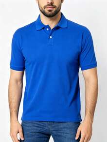 Men's Basic Short-Sleeve Polo Shirt, Breathable Cotton, Casual, Stylish, Various Colors - 藍色 - 查看 5