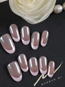 10pcs Pink French Style Minimalist Mirror Surface False Nails, Short Length For Office & Daily Wear, Artificial Nail Set Includes 1 Adhesive Sticker & 1 Mini Nail File - Multicolor - View 3